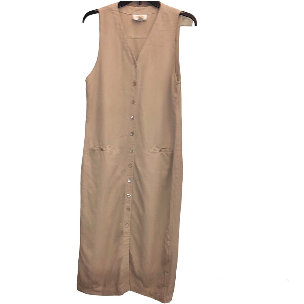 Talbots Linen Blend Button Front V Neck sleeveless Dress‎ Tan 4 Petite